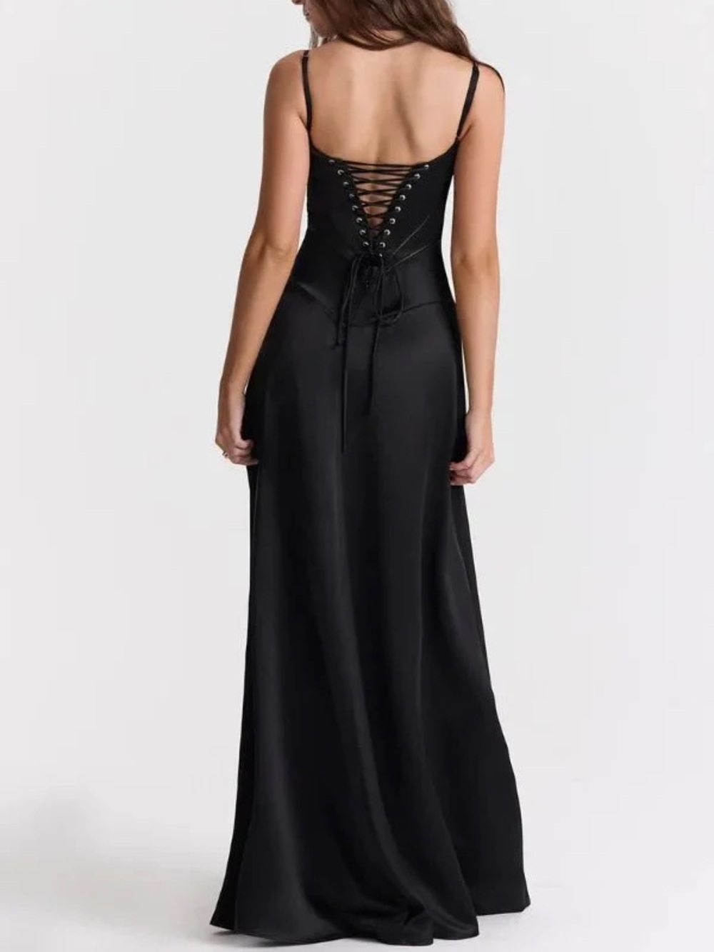 Sleek Black Satin Spaghetti-Strap Evening Gown - Picture 2 of 5